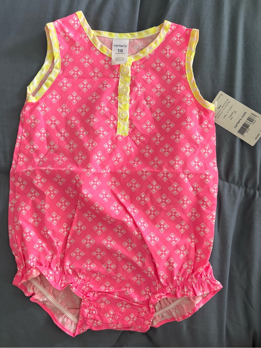 Carter's Bright Pink Sleeveless Romper with Yellow Trim